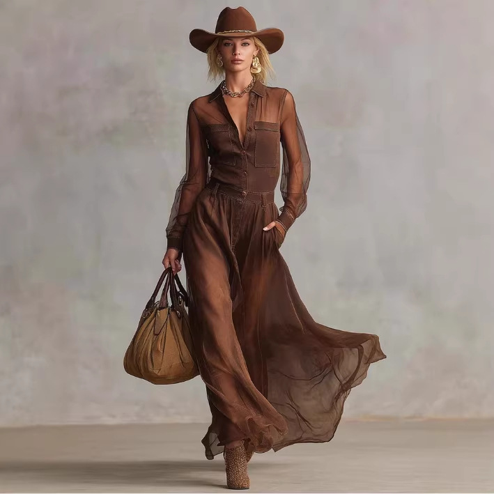 Retro Western Button-Front V-Neck Long Sleeve Brown Cotton Maxi Dress