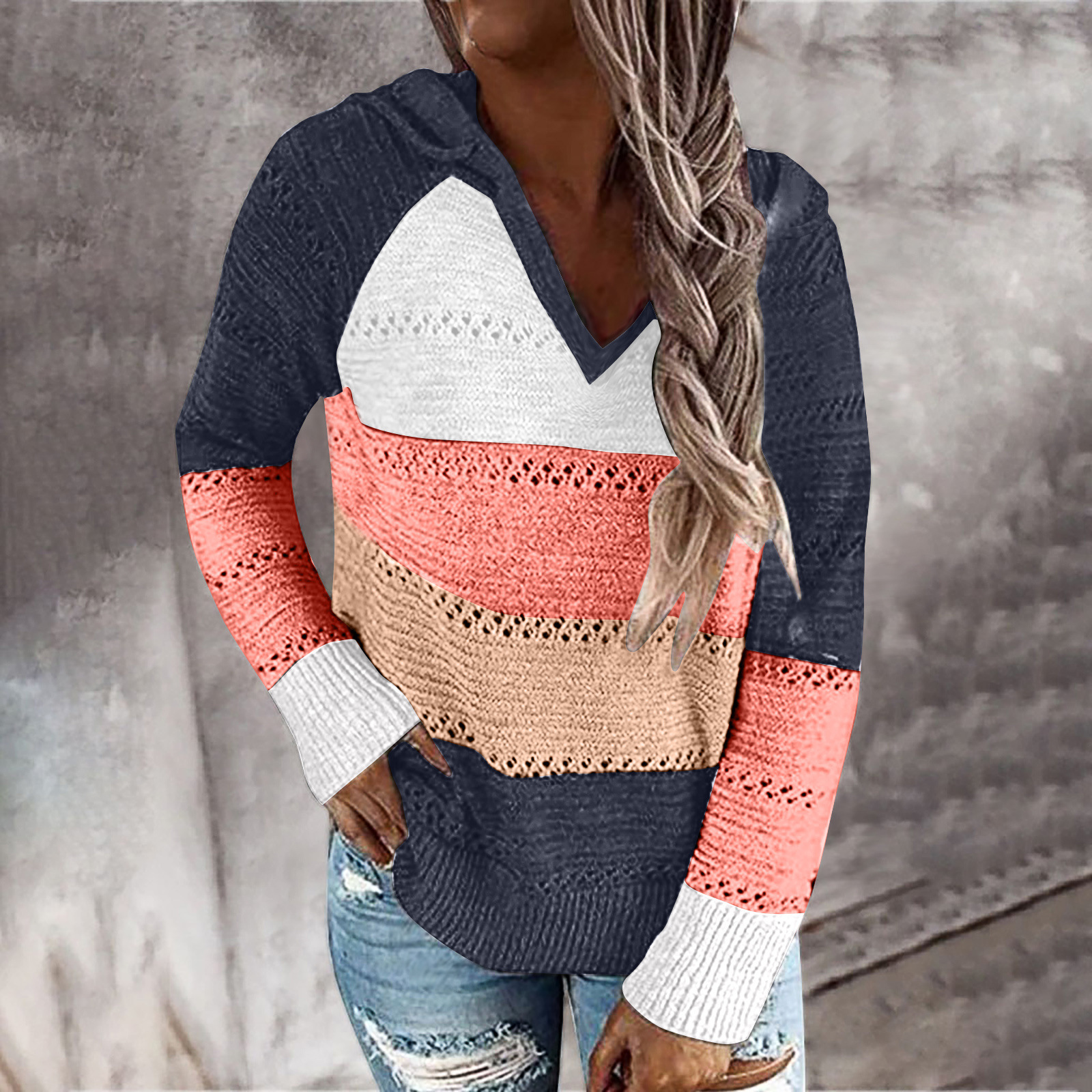 Solid V-Neck Heart Cutout Loose Knit Sweater