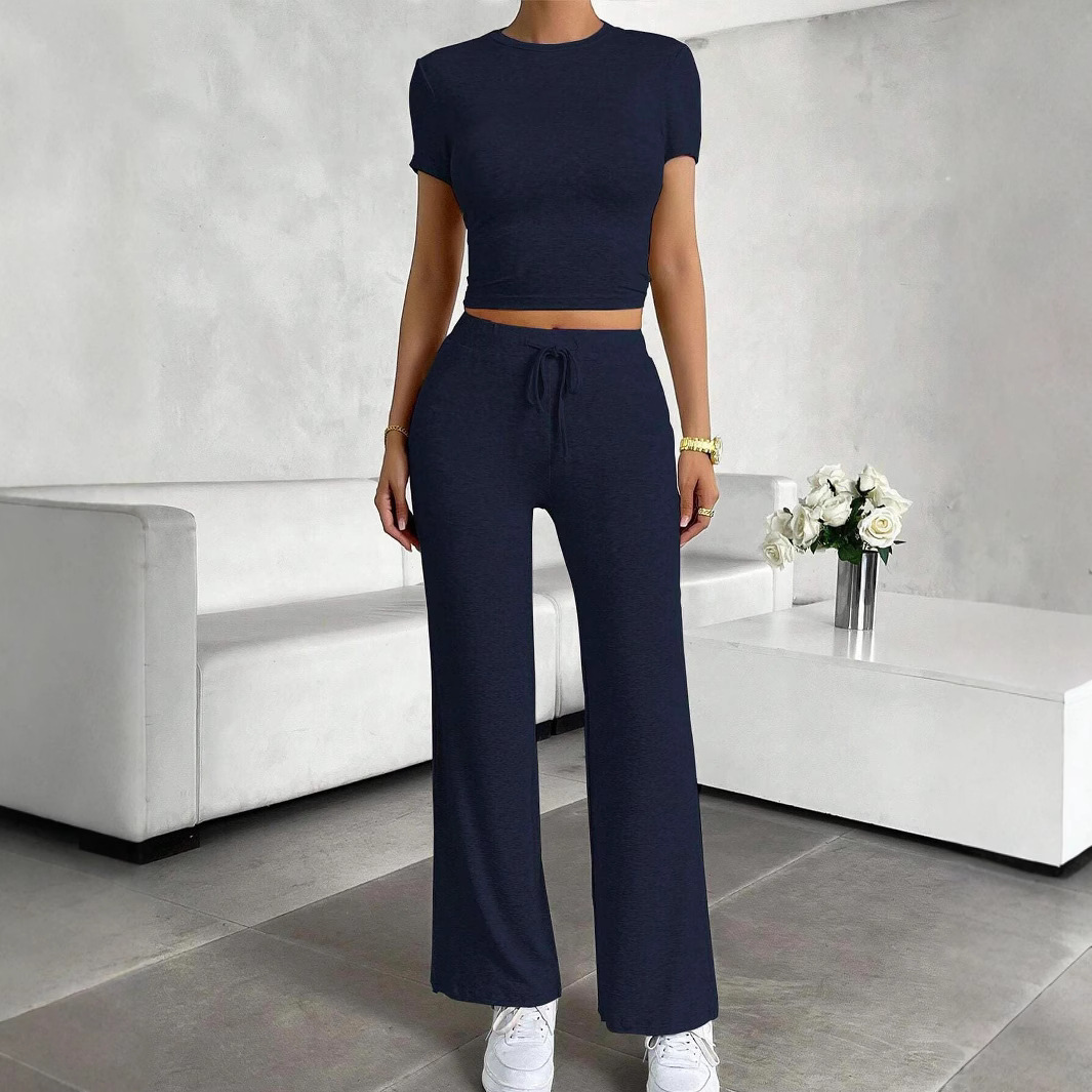 Women's Solid Color Long Pants and Short Sleeve T-Shirt Casual Two-Piece Set