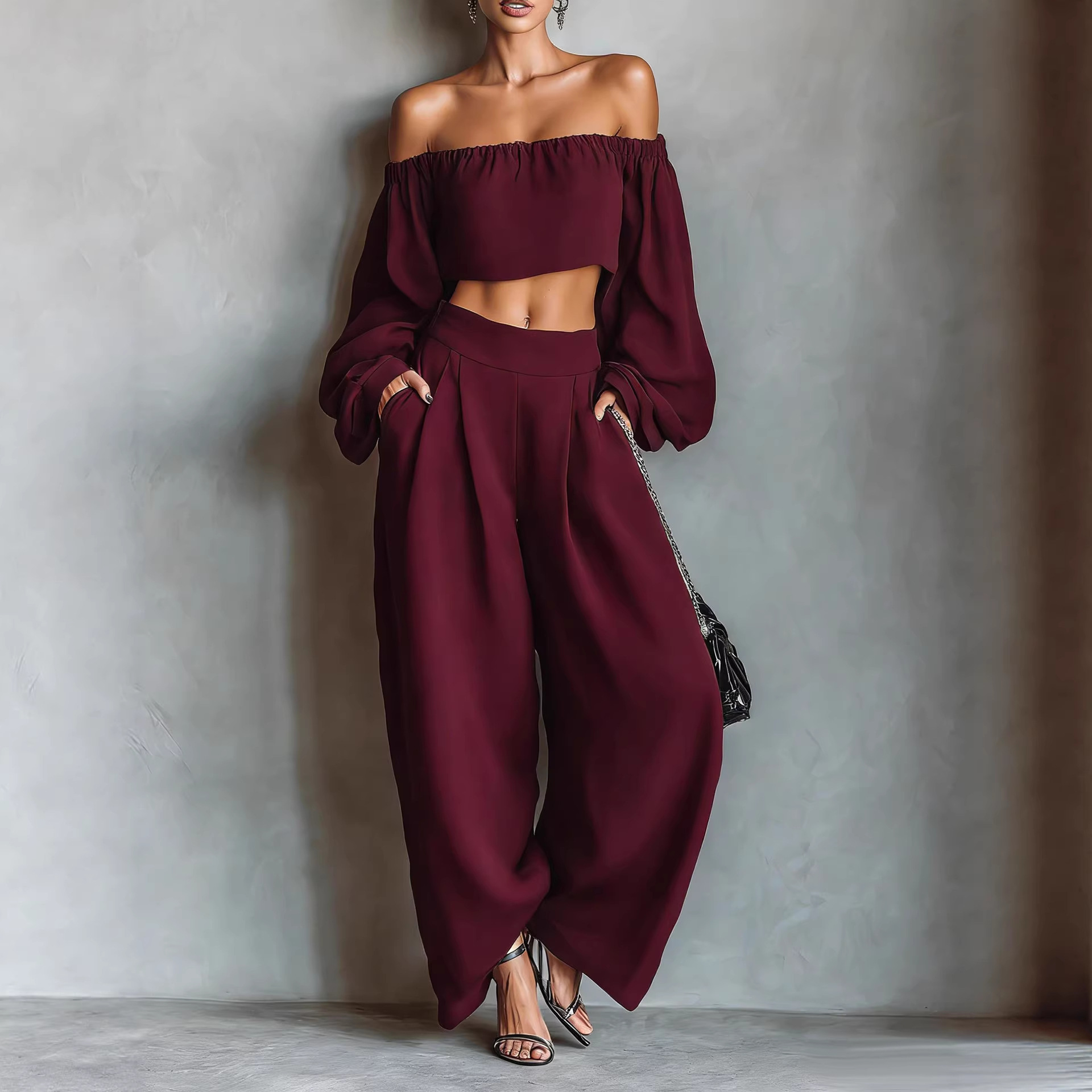 Off-Shoulder T-Shirt and Wide-Leg Pants Two-Piece Set