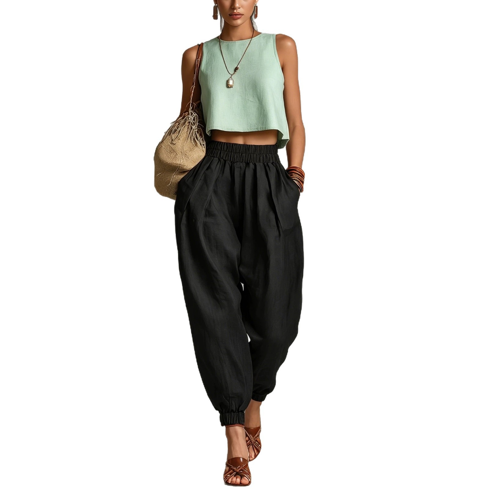 Women's Cotton-Linen Harem Pants Elastic Waist Loose Slimming Cuffed Lantern Casual Trousers