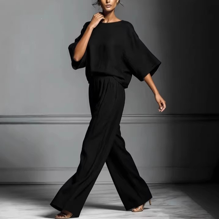 Women's Casual Flare-Sleeve Linen-Blend Two-Piece Set