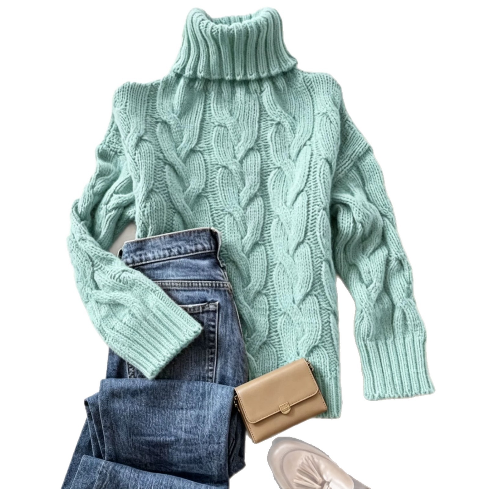 Cable-Knit Turtleneck Long-Sleeve Pullover Sweater