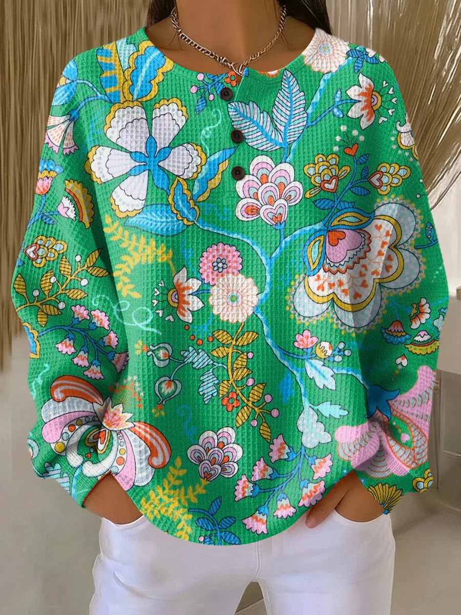 Women's Plaid Tree Floral Polka Dot Print Button Sweatshirt