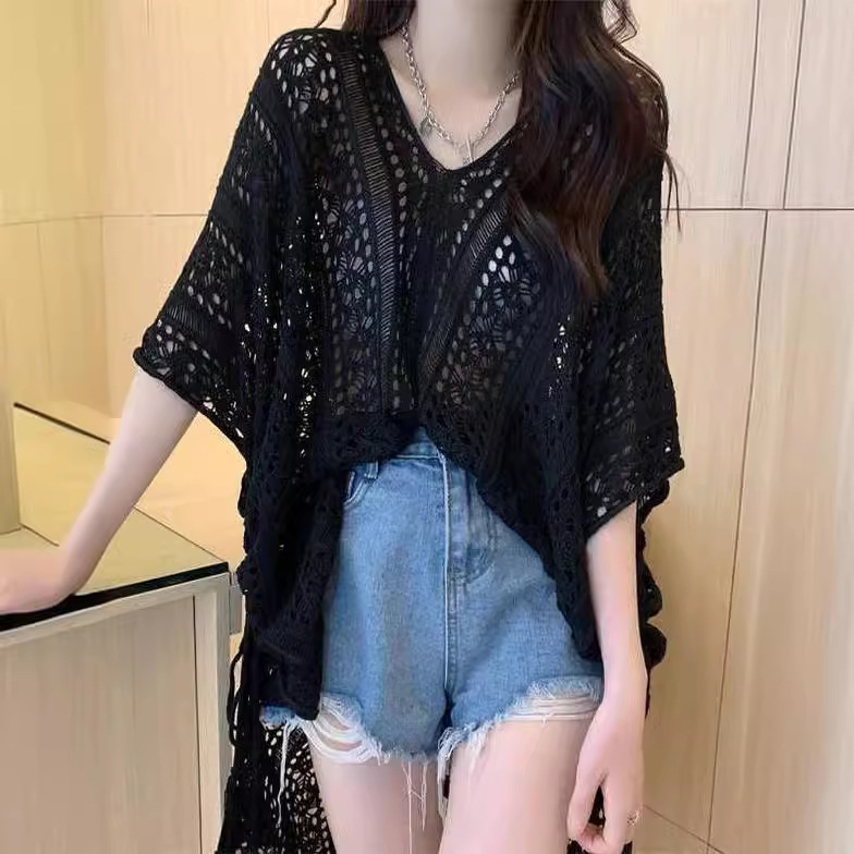 Openwork Short-Sleeve Knit Top Women's Loose Lightweight Sun Protection Cover-Up