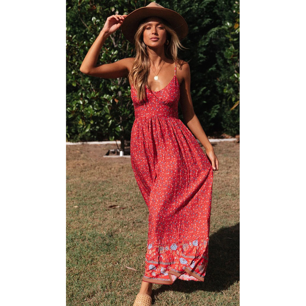 Bohemian V-Neck Floral Maxi Dress with Spaghetti Straps
