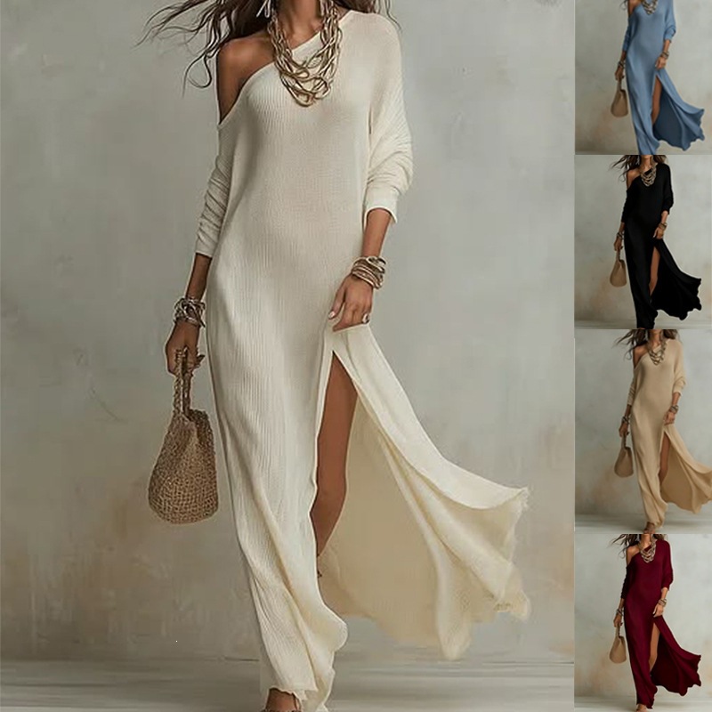Elegant Long Sleeve Knit Pleated Slit Dress