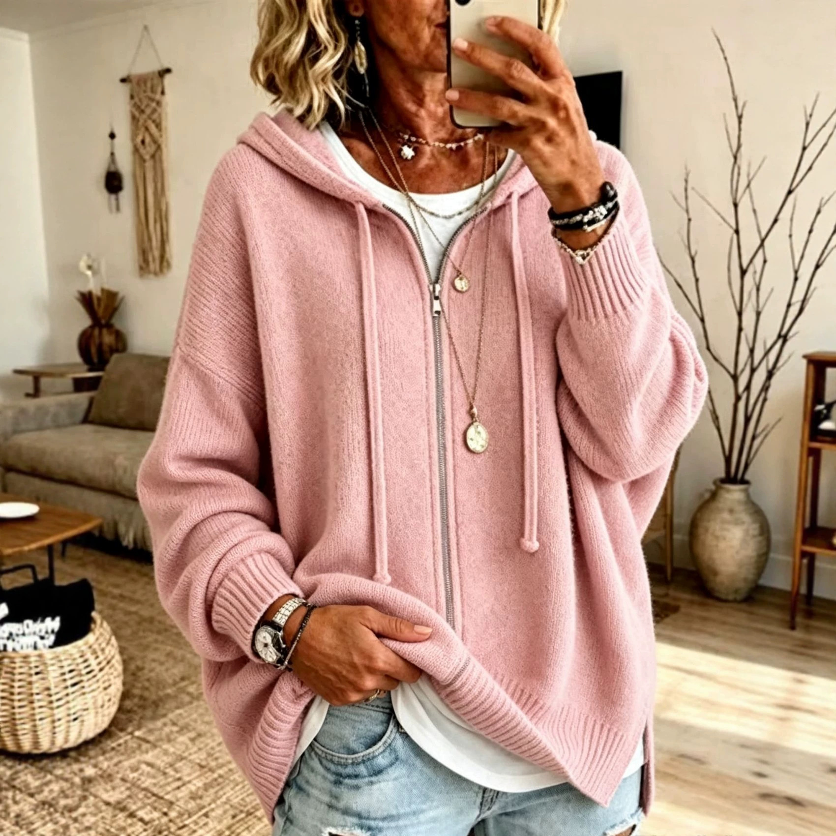 Women's Zip-Up Hooded Knit Cardigan Sweater