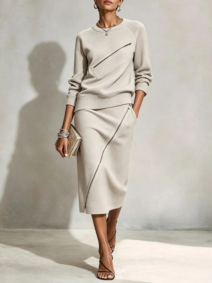 Women's Solid Color Zip Skirt and T-Shirt Two-Piece Set