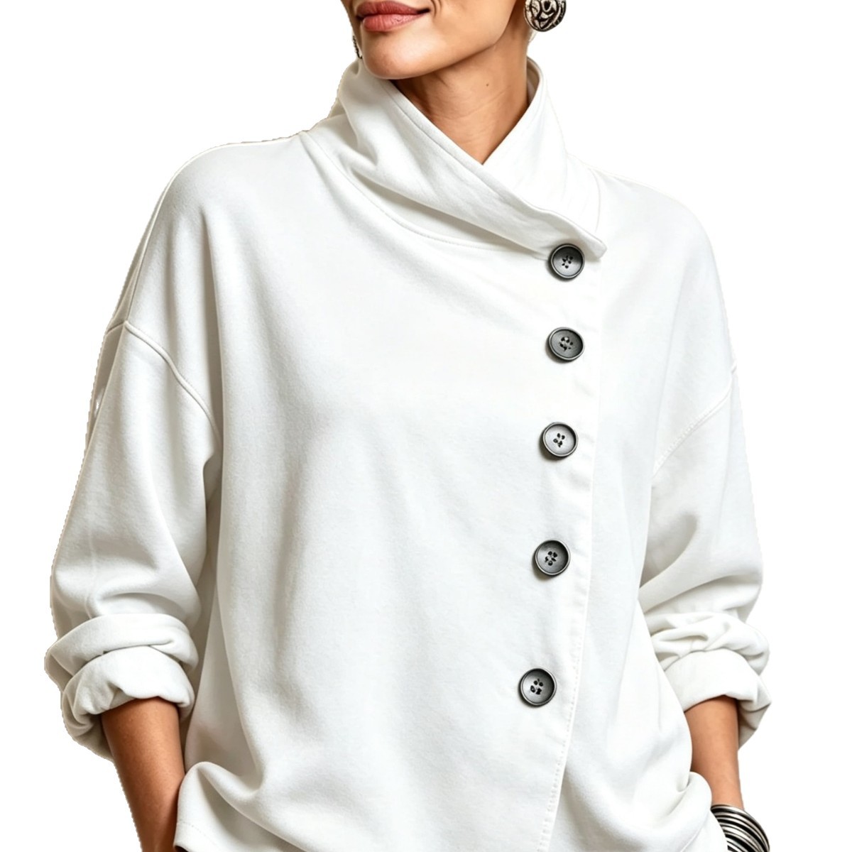 Stand Collar Asymmetric Hem Button-Front Loose Fit Long Sleeve Solid Color Sweatshirt for Women