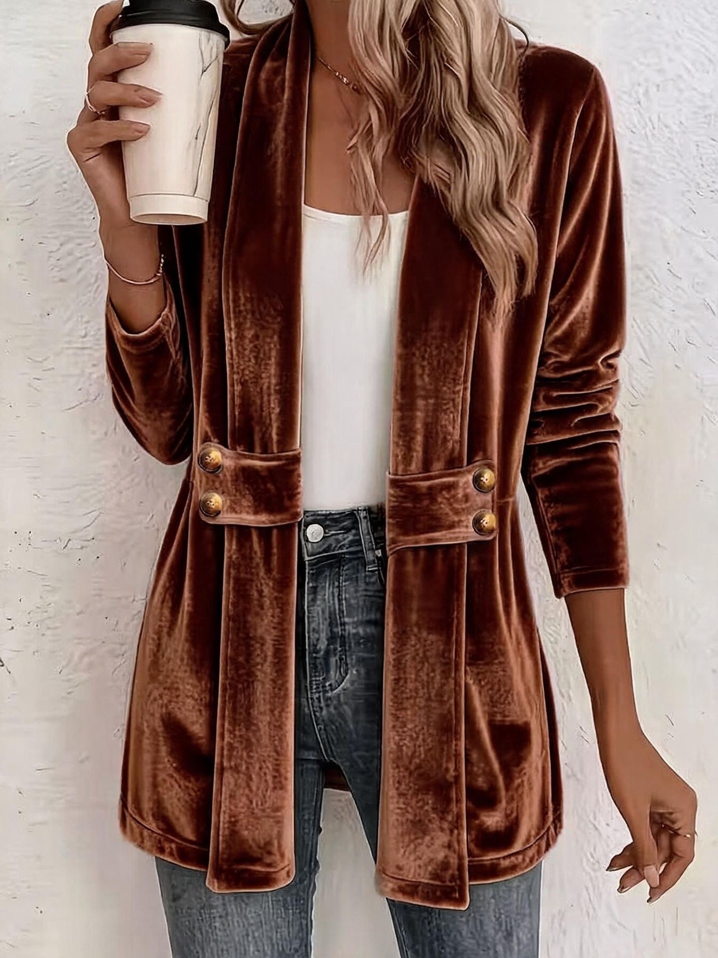 Women's Double-Breasted Gold Velvet Cardigan Lazy Style Mid-Length Top
