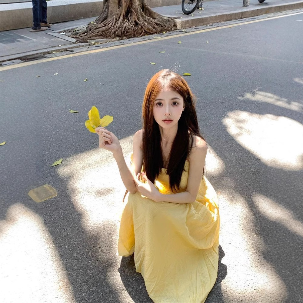 Yellow Sleeveless Slip Dress Square Neck Cinched Waist Long Dress