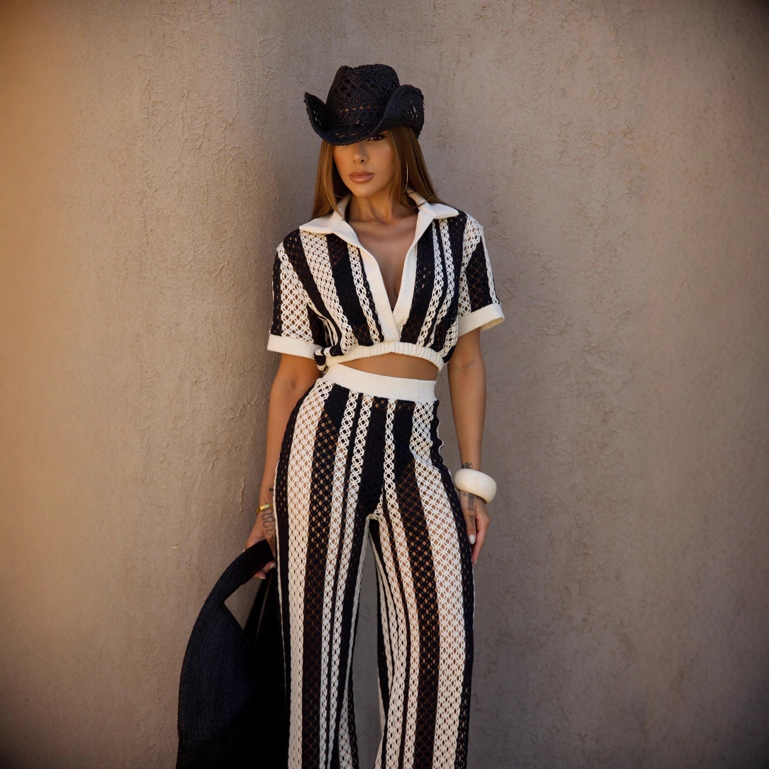 V-Neck Cutout Striped Wide-Leg Pants Set Women