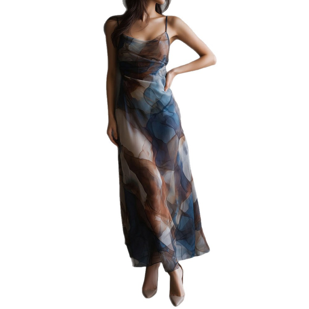 Women's Mesh Bodycon Cami Long Dress Gradient Print High Waist