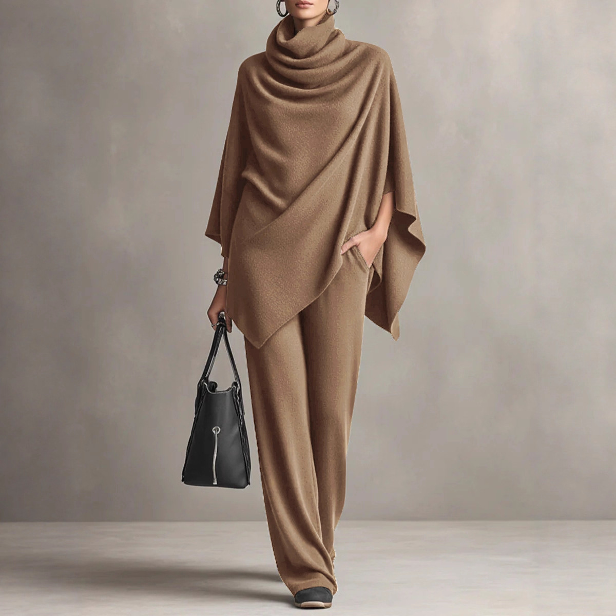 Women's German Velvet Cowl Neck Cape Top & Wide-Leg Pants Two-Piece Set