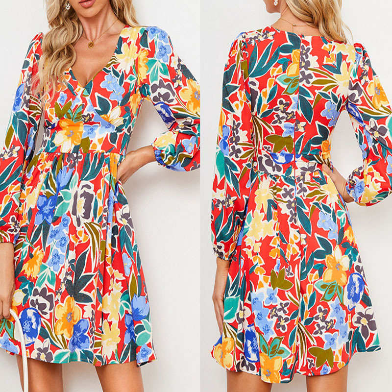 Abstract Print V-Neck Long Sleeve Slim Fit Short Dress