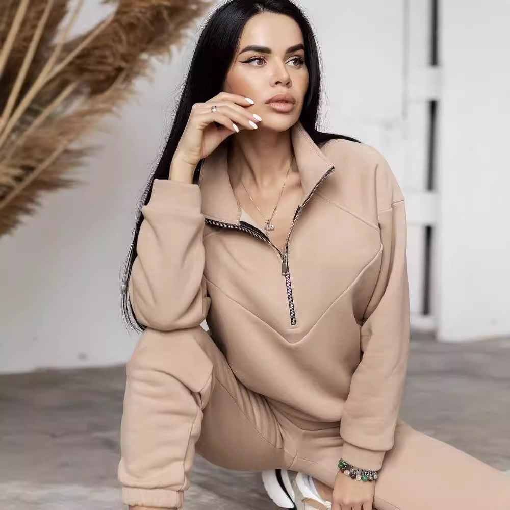 Fleece-Lined Hoodie and Jogger Two-Piece Set, Solid Color Long Sleeve