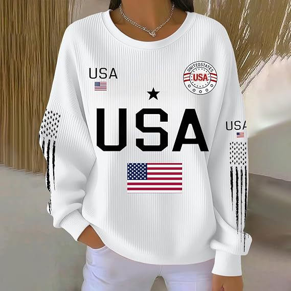 Women's American Flag Print Crewneck Sweatshirt Casual Pullover