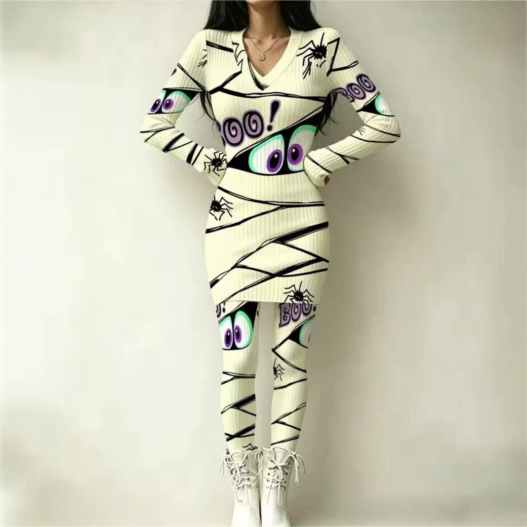Anime Eye Print Long Sleeve Bodycon Top and Skirt Set