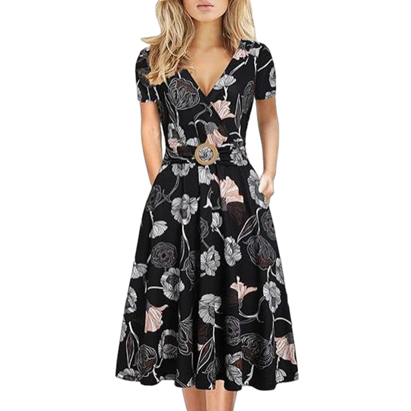 Women's Midi Printed Swing Dress Short Sleeve Pullover