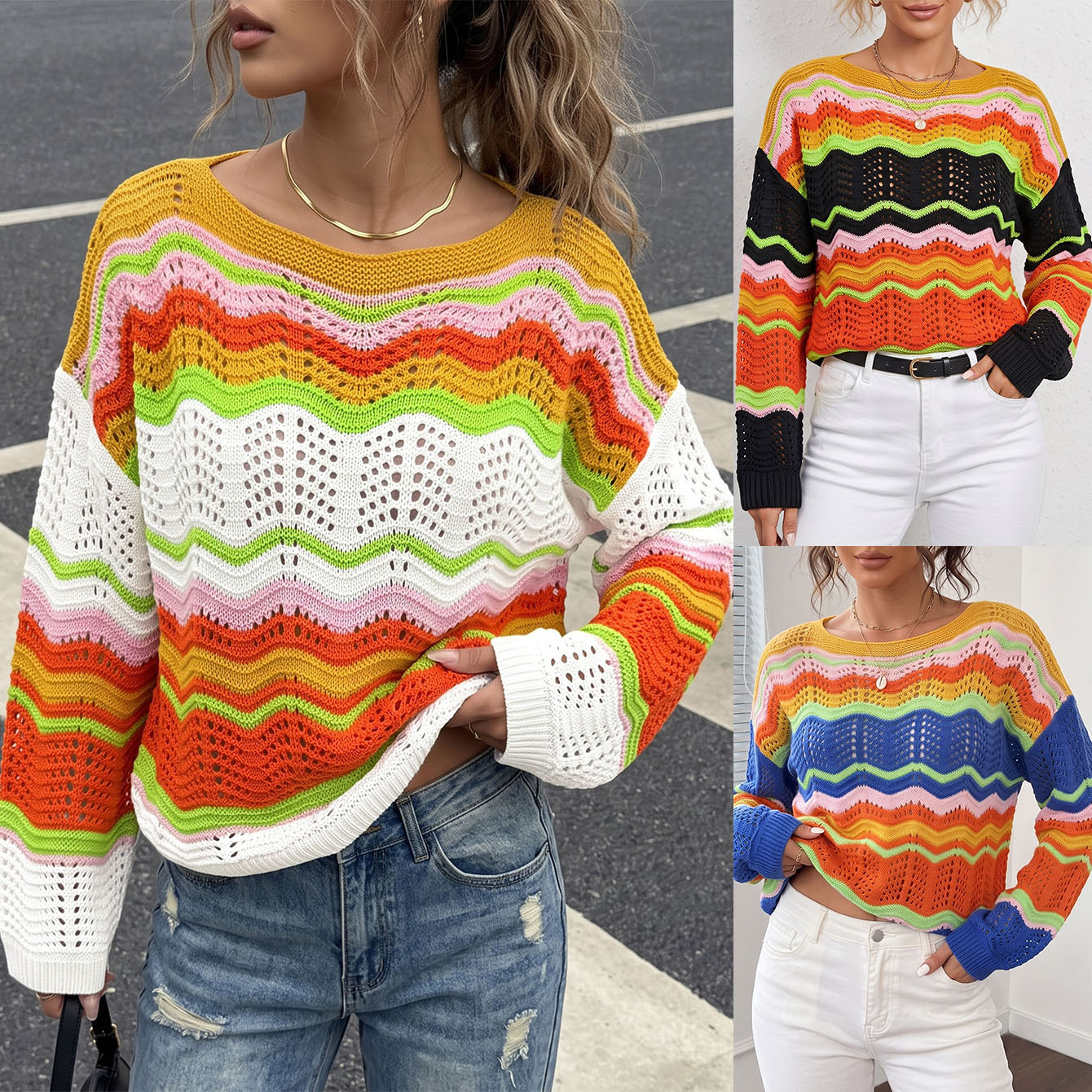 Women's Rainbow Striped Color-Block Open-Knit Pullover Sweater