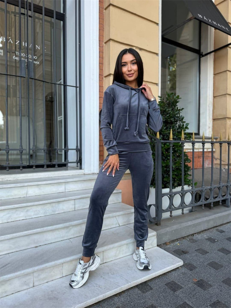Women's Velvet Hooded Pullover Top and Elastic Waist Pants Two-Piece Set