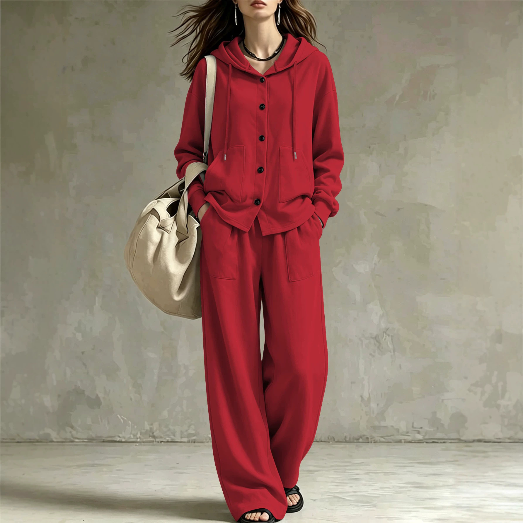 Women's Loose Hooded Cardigan and Wide-Leg Pants Two-Piece Set