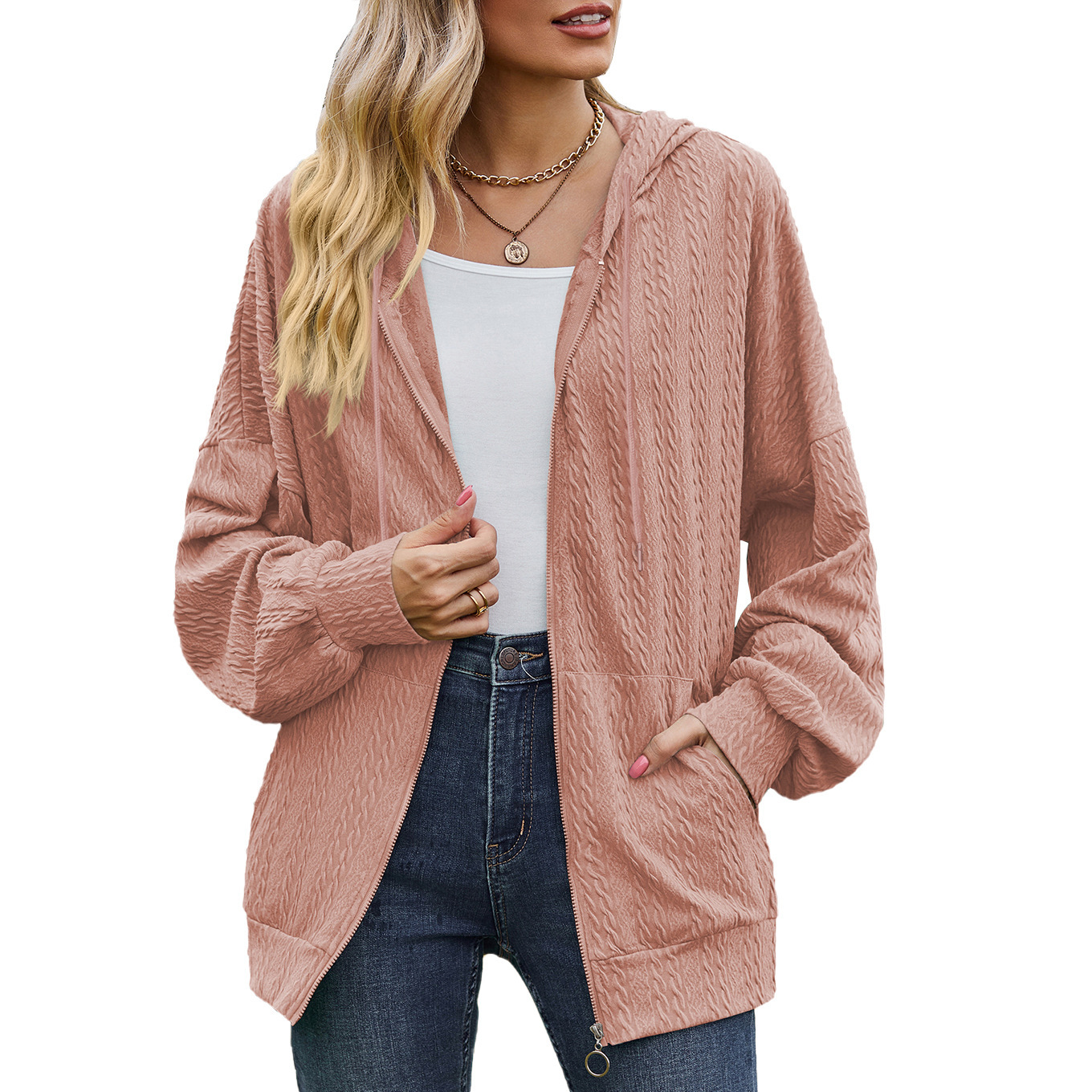Women's Crinkled Textured Hooded Zip-Up Loose Fit Long Sleeve Cardigan Sweatshirt