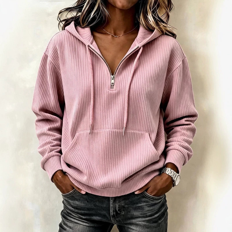 Women's Corduroy Striped Zip-Up Hoodie Retro Casual Long Sleeve