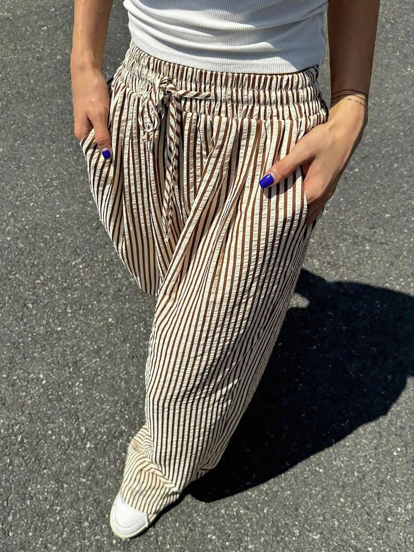 Striped Wide-Leg Drawstring Pants with Pockets