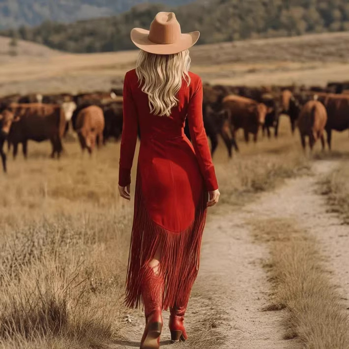 Western Style Vintage Embroidered Red Fringe Faux Suede Midi Skirt