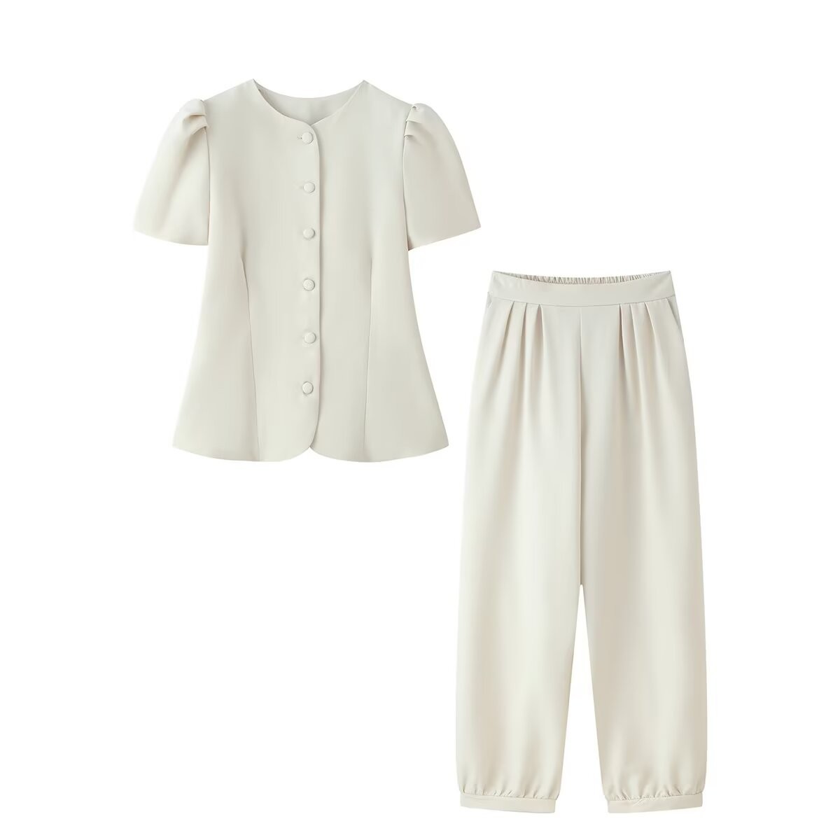Elegant Round Neck Button-Trim Short Sleeve Top and Pants Set