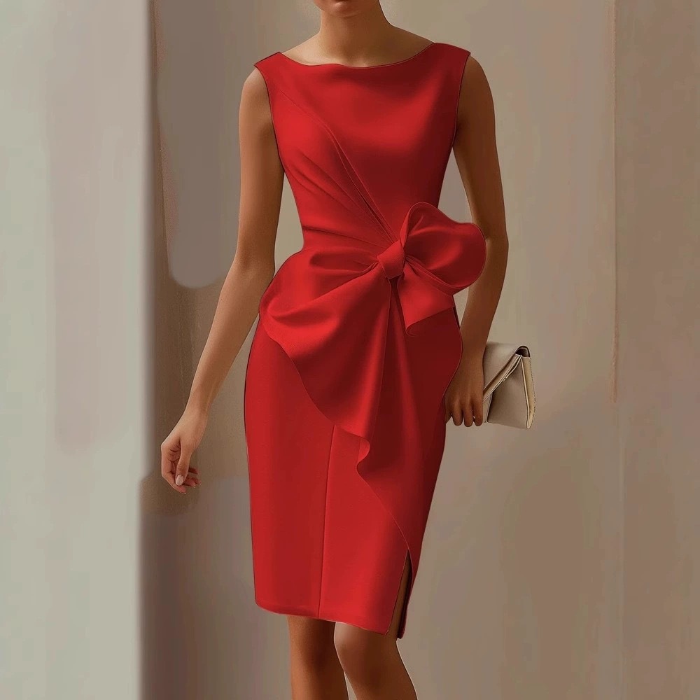 Solid Sleeveless Midi Dress with Bow