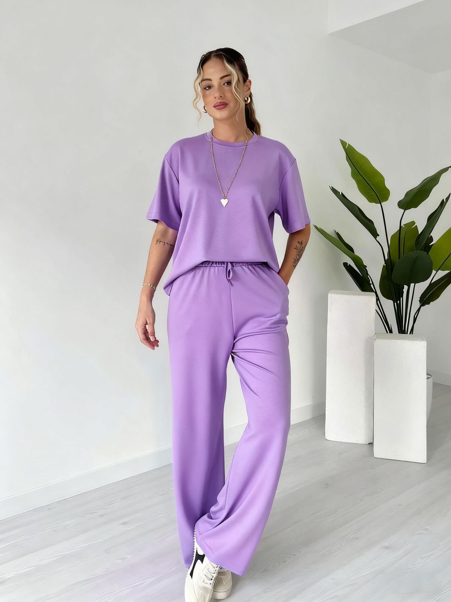 Women's Solid Color Two-Piece Pants Set with Short Sleeve Top and Long Pants