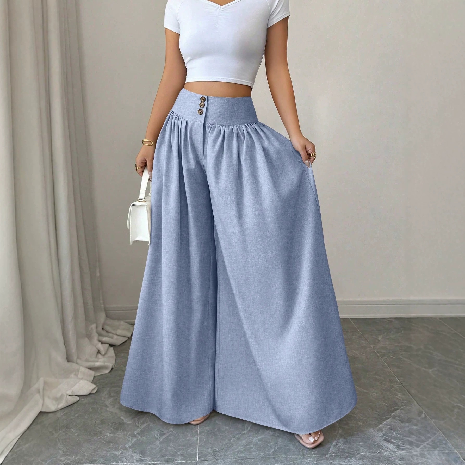 High-Waist Three-Button Wide-Leg Drapey Pants