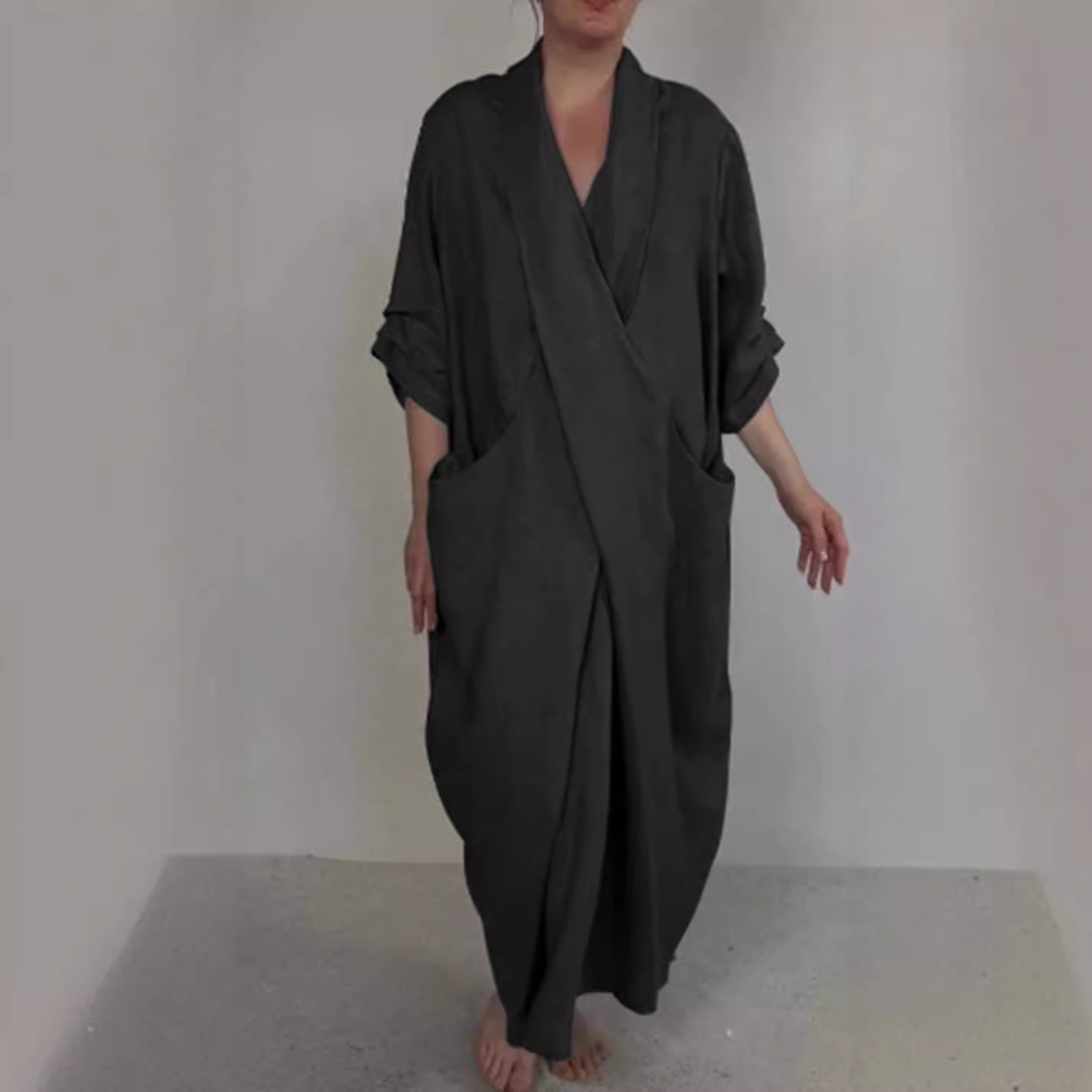 Women's V-Neck Split Hem Casual Dress Solid Color Loose Fit Long Dress