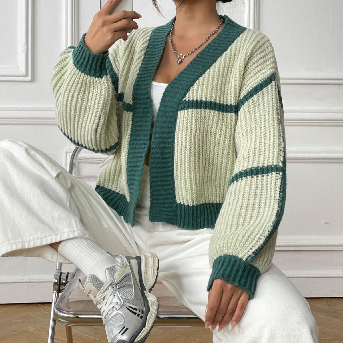 Women's Color-Block Cardigan Short Loose Lantern-Sleeve Sweater