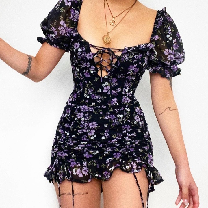 Square Neck Tie-Strap Short Sleeve Open Back Dress