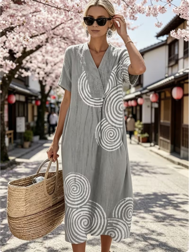 Women's Vintage Polka Dot Floral Midi Dress with Pleated Details
