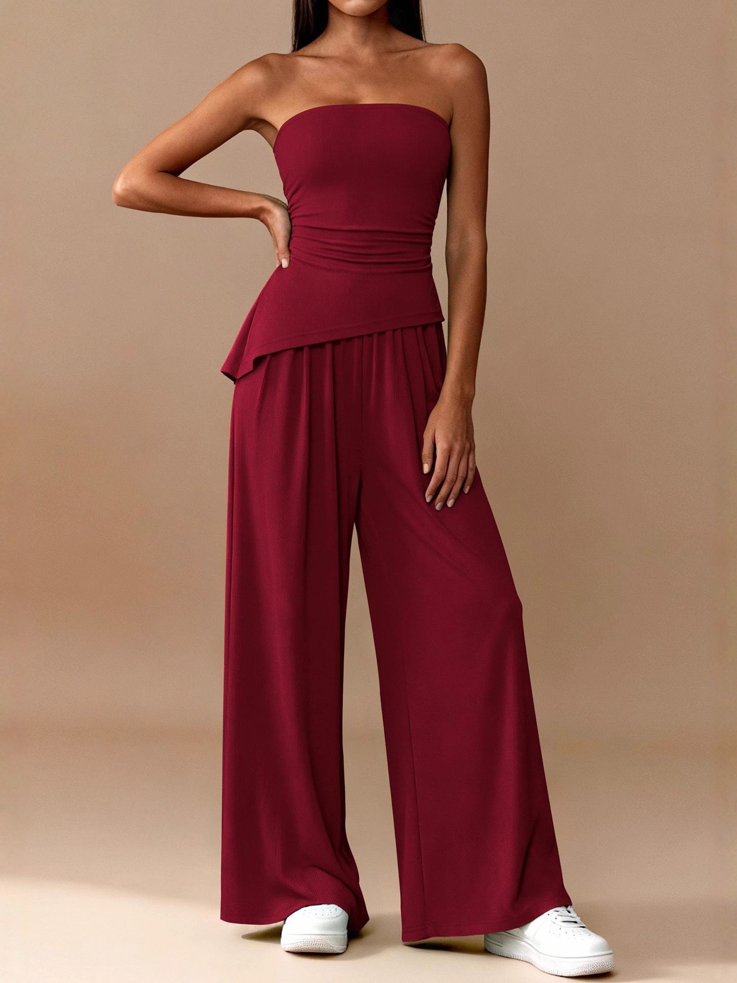 Solid V-Neck Short-Sleeve Top & Wide-Leg Pants 2-Piece Casual Set