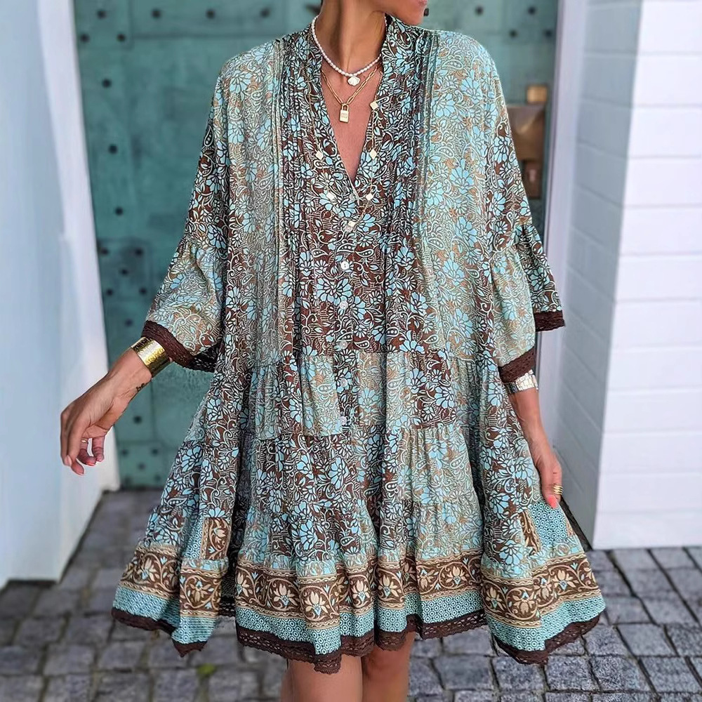 Women's Floral Print V-Neck Bell Sleeve Midi Dress