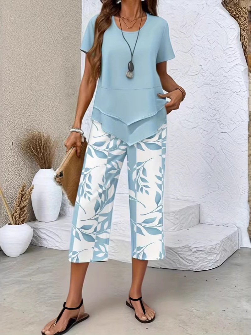 Women's Short Sleeve High Waist Wide Leg Pants Two-Piece Set