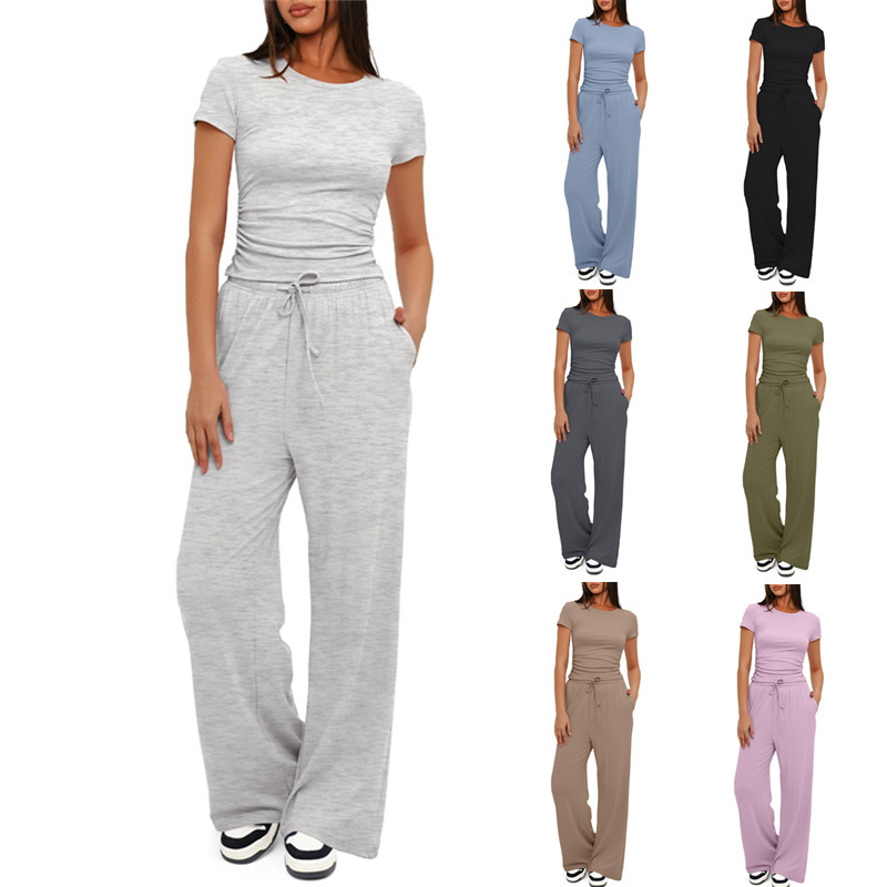 Ruched Short Sleeve Top and High-Waist Wide-Leg Pants Set