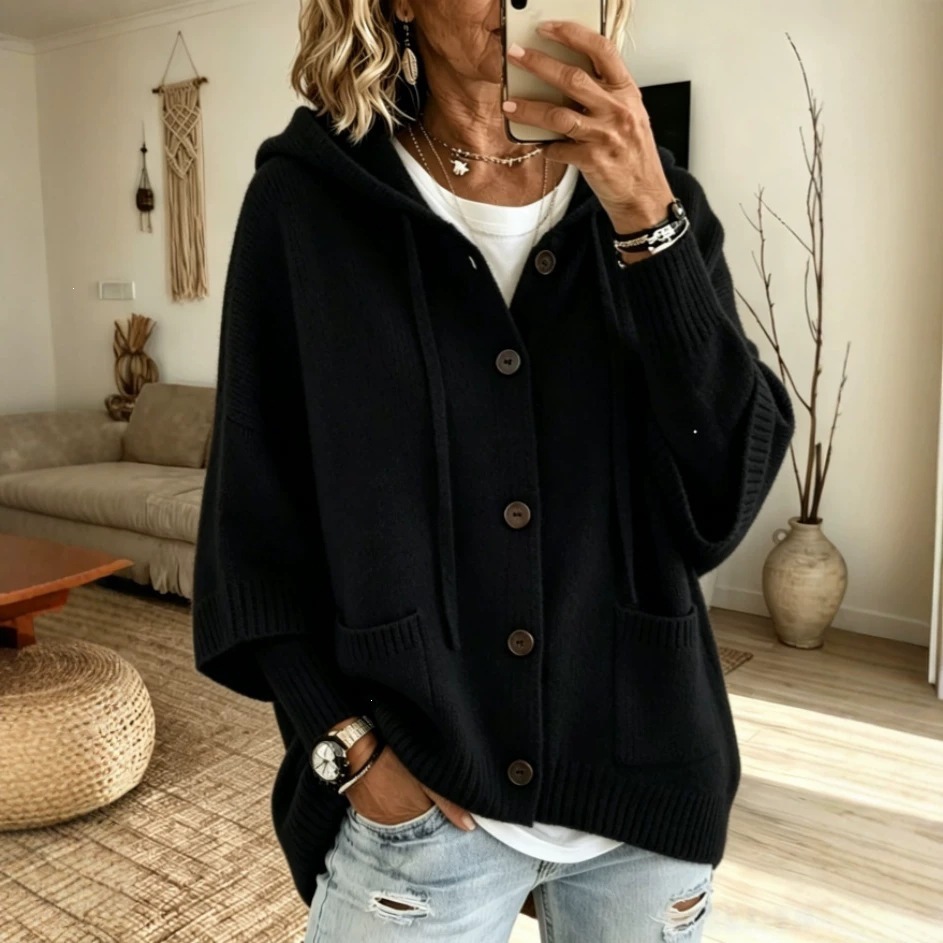 Women's Button-Up Hooded Drawstring Knit Cardigan Sweater Coat