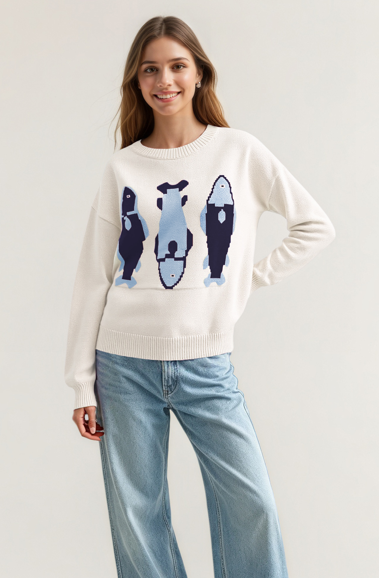 Women's Loose Crewneck Jacquard Knit Sweater