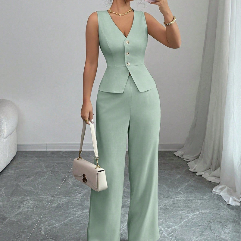 Women's Sleeveless Vest and Long Pants Two-Piece Set Solid Color Commuter Outfit