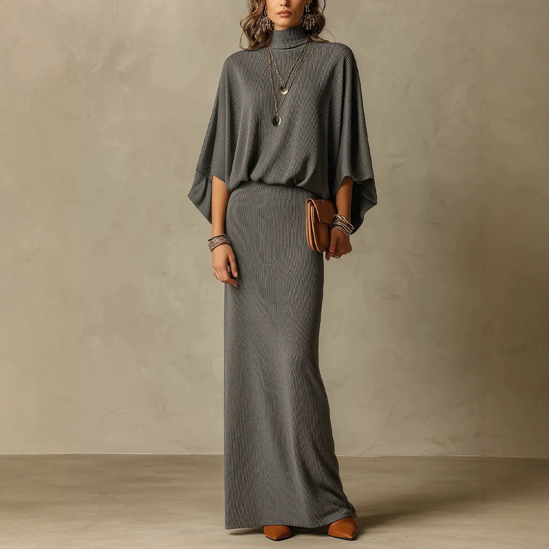 Solid Ribbed Batwing Sleeve Two-Piece Skirt Set Slimming Casual