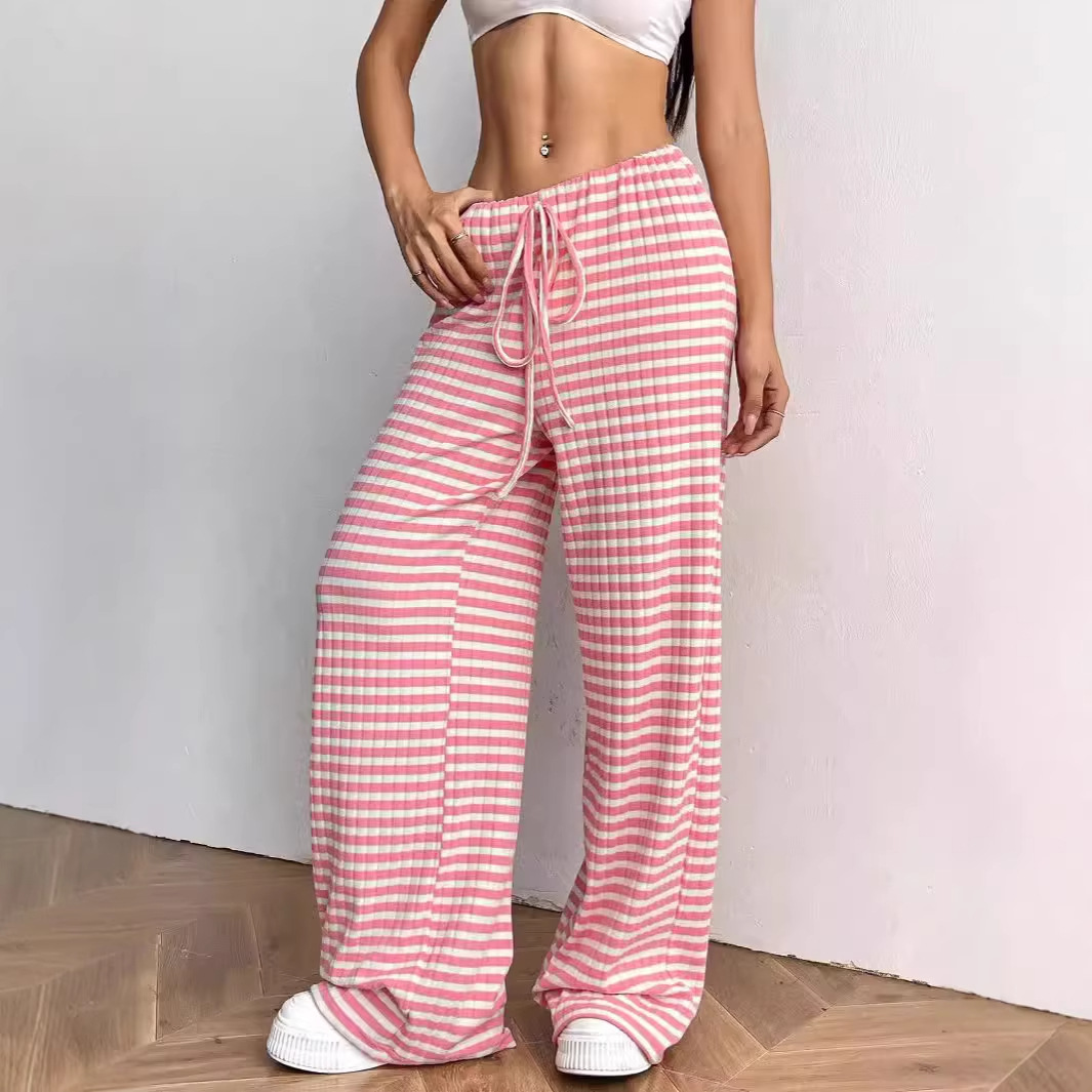 Women's Casual Striped Solid Drawstring Cotton Straight-Leg Pants