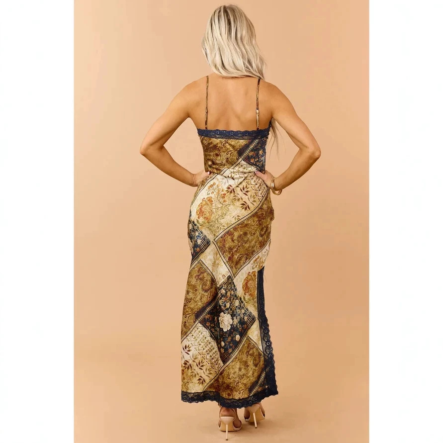 Women's Vintage Floral Plaid Sleeveless Bodycon Midi Dress