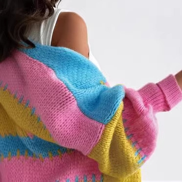 Color-Block Cropped Knit Cardigan Blue Pink Yellow Lazy Loose Sweater Coat